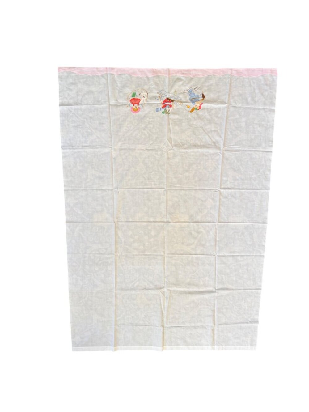 Vintage Embroidered Baby Crib Flat Sheet Jump Rope Skiing Baseball White Pink - Picture 5 of 9